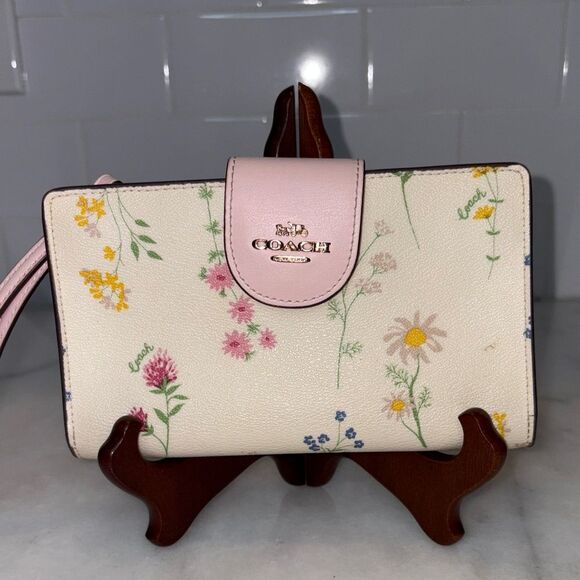 Coach Wallet Wristlet Floral Wildflower Saffiano Leather Phone Case Clutch Pink - Picture 2 of 16